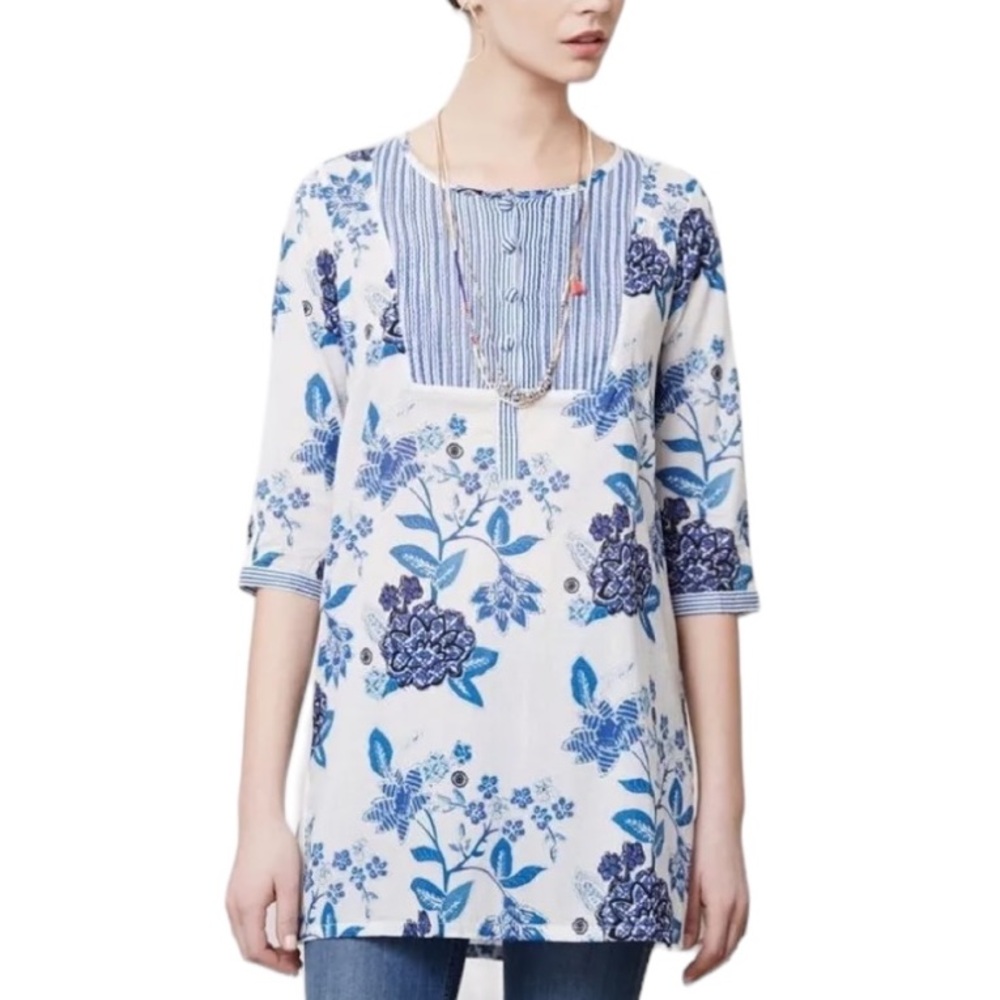 Anthropologie MERMAID Light Dark Blue & White Floral Sea Holly Tunic Top - S